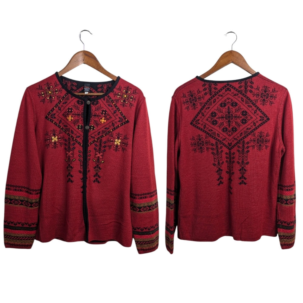 Tey Art Alpaca Wool Cardigan Sweater Large Floral Aztec Intarsia Reversible